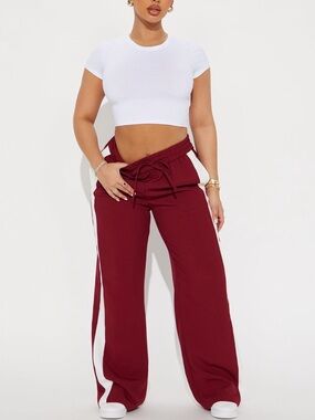 Fashion Nova Women's Burgundy Track Pants with White Side Stripe